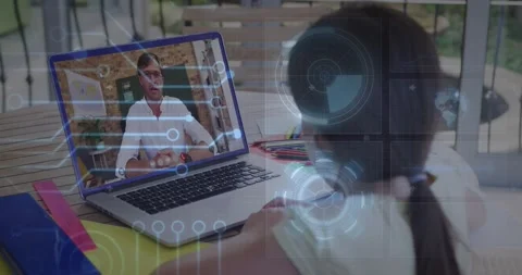 Animation of round scanner and microprocessor connections against girl having a Vídeo Stock 327355316