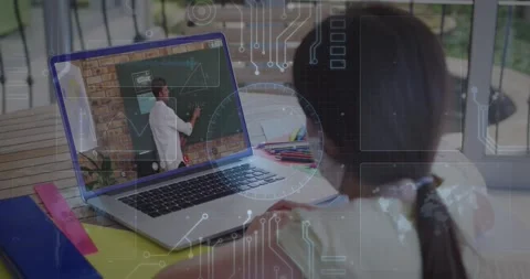 Animation of round scanner and microprocessor connections against girl having a Stock Footage 327448402