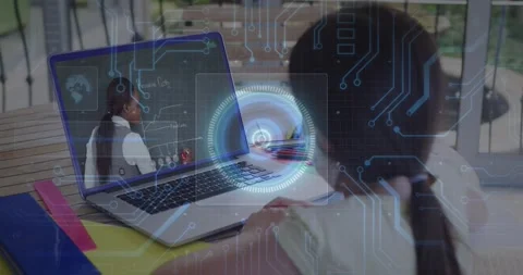 Animation of round scanner and microprocessor connections against girl having a Vídeo Stock 327526945