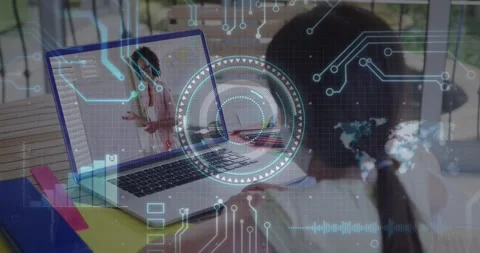 Animation of round scanner and microprocessor connections against girl having a Stock Footage 327526950