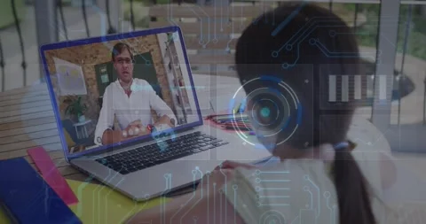 Animation of round scanner and microprocessor connections against girl having a Video stock 327901621
