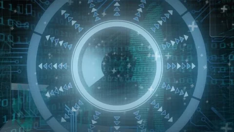 Animation of round scanner and microprocessor connections against binary coding Vídeo Stock 328087385