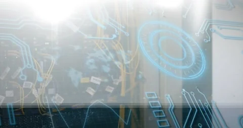 Animation of round scanner and microprocessor connections against close up of a Video stock 328934558