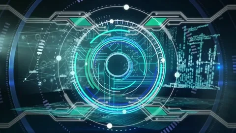 Animation of round scanner and microprocessor connections over screens with data Vídeo Stock 328979987