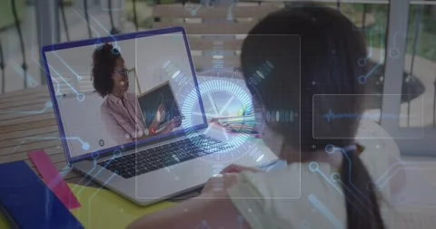 Animation of round scanner and microprocessor connections against girl having a Vídeo Stock 329967702