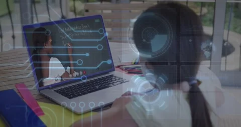Animation of round scanner and microprocessor connections against girl having a Stock Footage 330590901