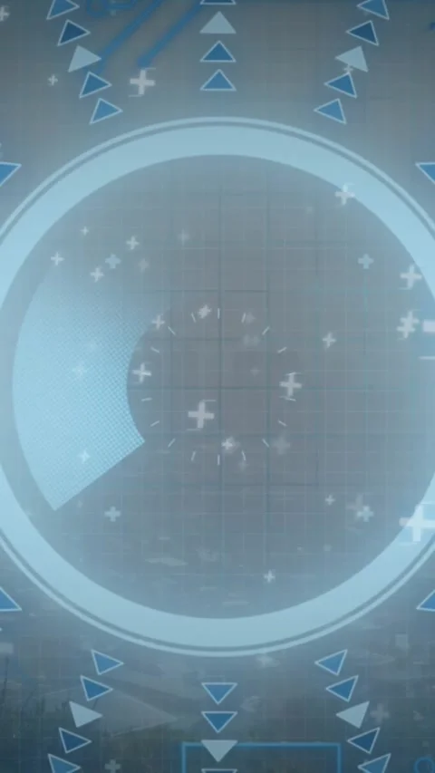 Animation of round scanner and microprocessor connections against aerial view of Stockbeeldmateriaal 341927335