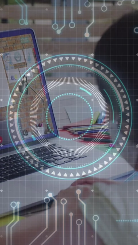 Animation of round scanner and microprocessor connections against girl having a Vídeo Stock 342811927