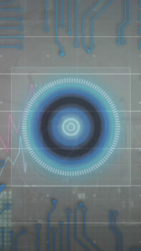 Animation of round scanner and microprocessor connections against aerial view of Stock Footage 343996324