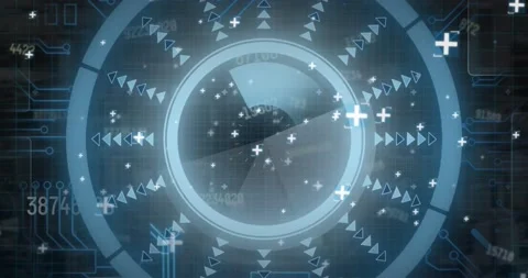 Animation of round scanner and multiple changing numbers over microprocessor Vídeo Stock 230736474