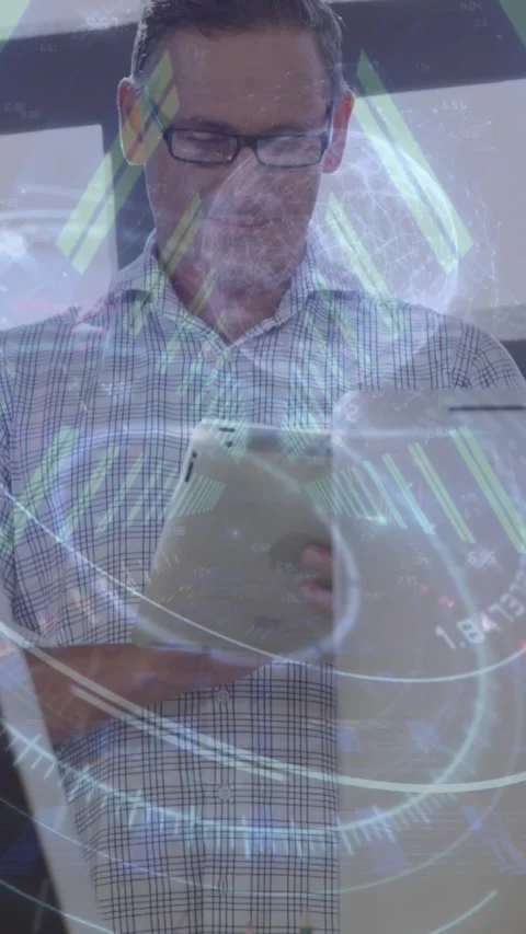 Animation of round scanner and neon tunnel against caucasian man using digital Stock Footage 342009978