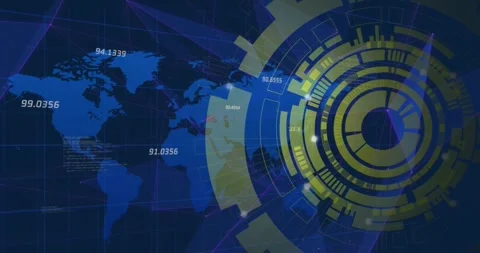 Animation of round scanner and plexus networks over world map against blue Stock Footage 328239971