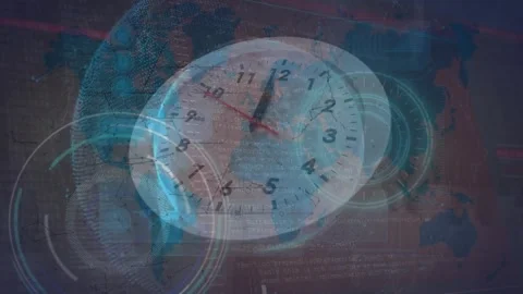 Animation of round scanner and plexus network against ticking clock and spinning Stock Footage 329967712