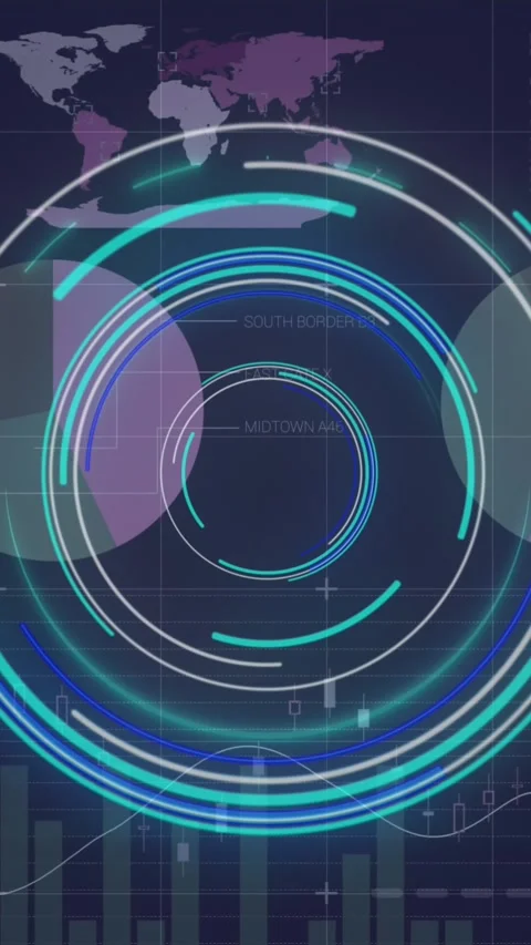 Animation of round scanner and statistical data processing against blue Stock Footage 344693409