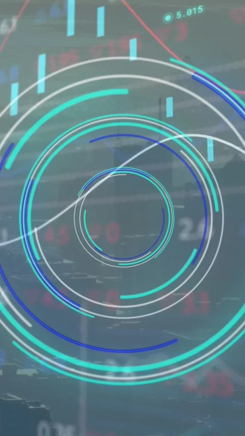 Animation of round scanner and stock market data processing against aerial view Vídeos de archivo 344693404