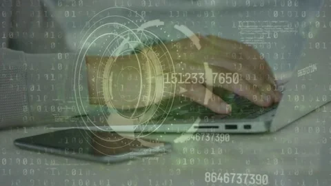 Animation of round scanner, data processing and binary coding over mid section Stock Footage 205609313