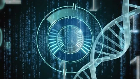 Animation of round scanner, dna structure, binary coding and glowing light Stock Footage 237579835
