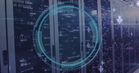 Animation of round scanner, light spot and mosaic squares against computer Stock Footage 327849222
