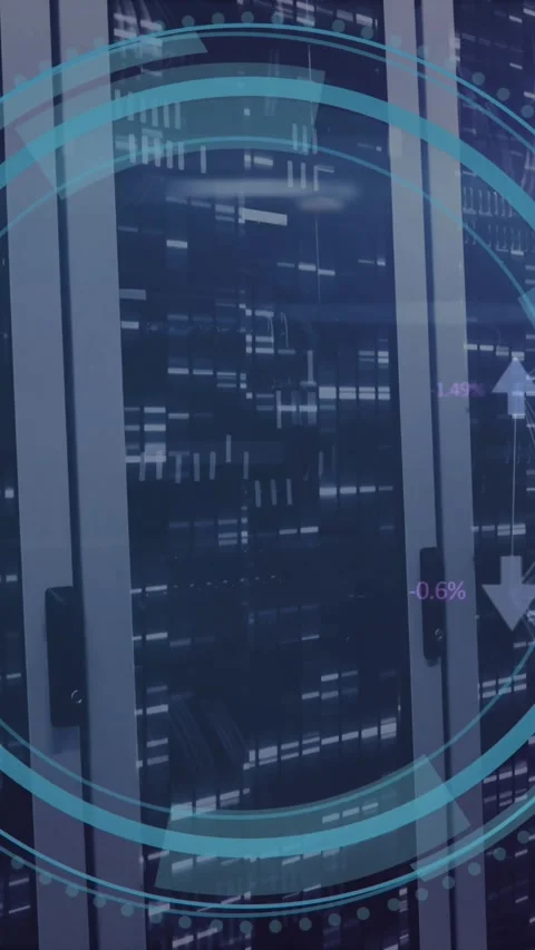 Animation of round scanner, light spot and mosaic squares against computer Stock Footage 344783855