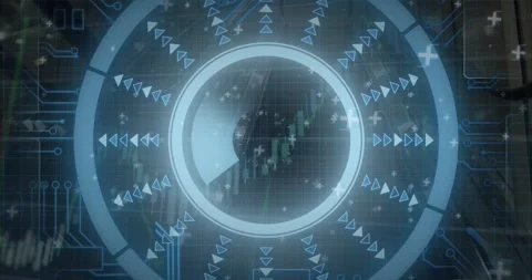 Animation of round scanner, microprocessor connections and financial data Vídeo Stock 242067378