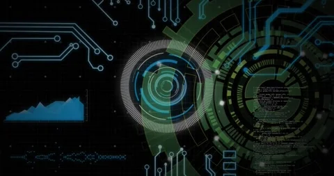 Animation of round scanner, microprocessor connections and data processing on Stock Footage 245440627