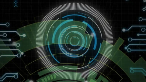 Animation of round scanner, microprocessor connections and data processing on Vídeo Stock 313356027