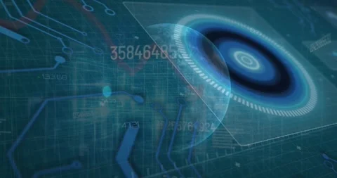 Animation of round scanner, microprocessor connections and changing numbers Vídeo Stock 327961501