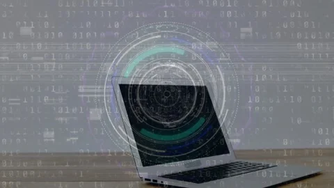 Animation of round scanner, network of connections and binary coding over laptop Stock Footage 327444757