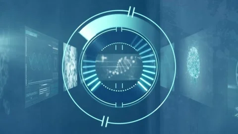Animation of round scanner over screens with medical data processing against blu Stock-Footage 244310508