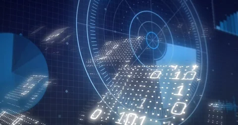 Animation of round scanner scanning over binary coding and statistical data Stock Footage 327124680