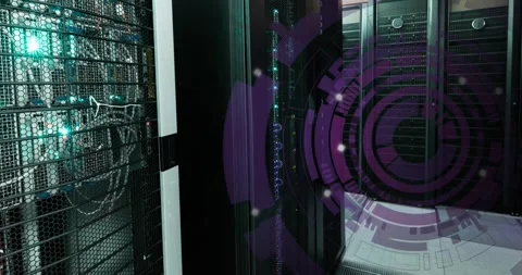 Animation of round scanner spinning against computer server room Stock Footage 330344664