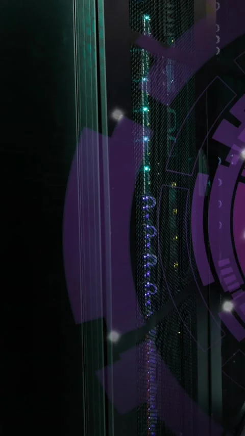 Animation of round scanner spinning against computer server room Stock Footage 344766176