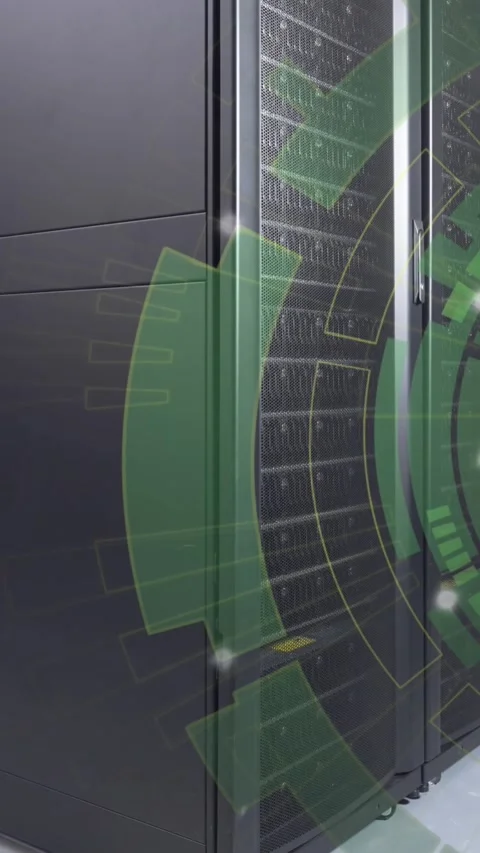 Animation of round scanner spinning against computer server room Stock Footage 344766177