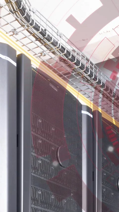 Animation of round scanner spinning against computer server room Stock Footage 344766178