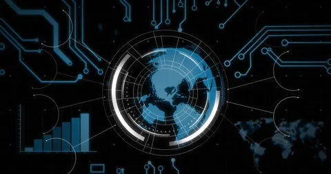 Animation of round scanner, spinning globe and microprocessor connections Vídeo Stock 242093624