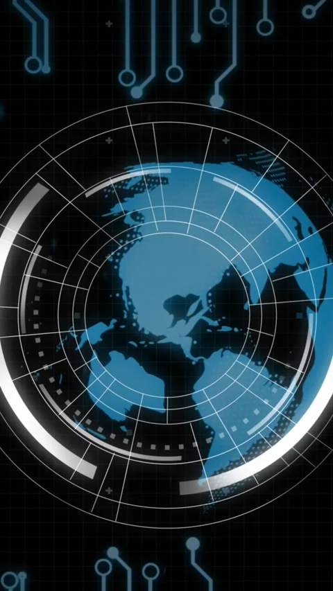 Animation of round scanner, spinning globe and microprocessor connections 動画素材 343779925