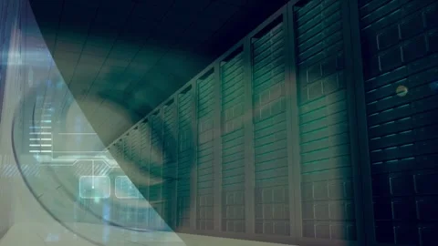 Animation of round scanner spinning over empty computer server room Stock Footage 329511009