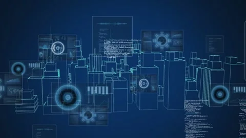 Animation of round scanners and data processing over 3d city model spinning Stock Footage 330342214
