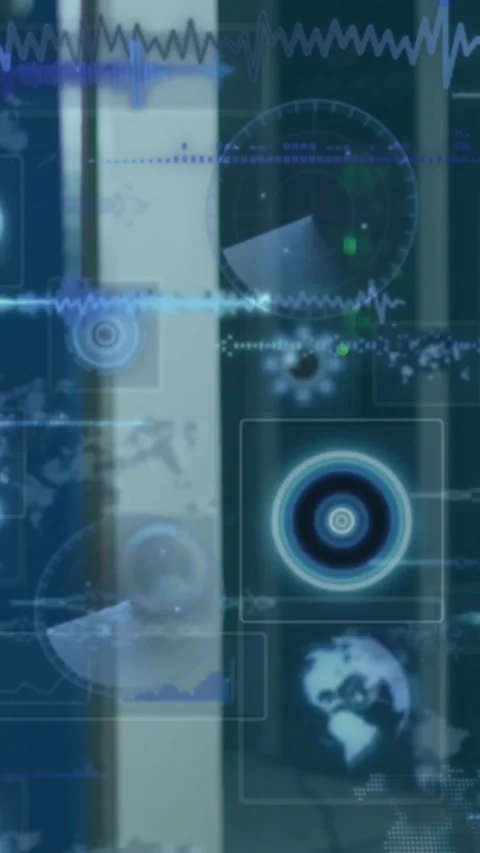 Animation of round scanners and data processing against computer server room Stock Footage 343504198
