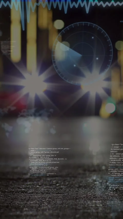 Animation of round scanners and data processing against city traffic at night Stock Footage 343902428