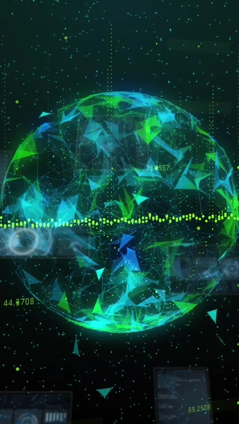 Animation of round scanners and data processing over globe of plexus networks on Stock Footage 344722990