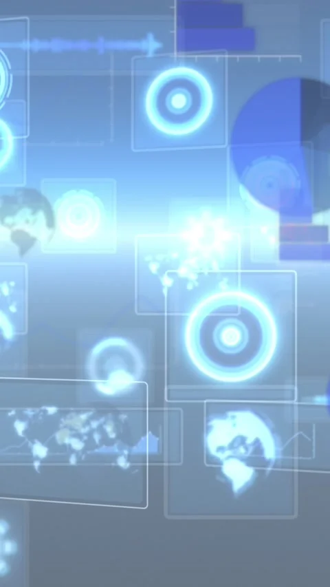 Animation of round scanners and data processing against glowing light trail on Stock Footage 344765771