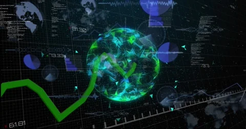 Animation of round scanners and statistical data processing over globe of plexus Stock Footage 328083519