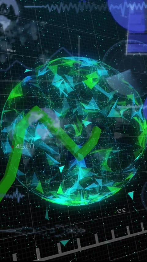 Animation of round scanners and statistical data processing over globe of plexus Stock Footage 344636144
