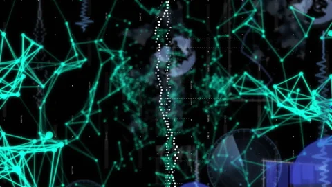 Animation of round scanners, data processing and plexus networks against black Stock Footage 312645833