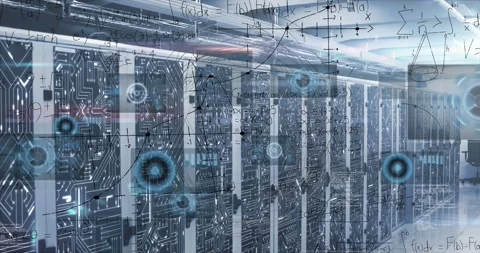 Animation of round scanners, mathematical equations and microprocessor Stock Footage 330288091