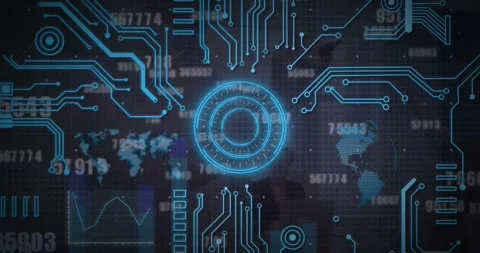 Animation of round scanners, microprocessor connections against changing numbers Stockbeeldmateriaal 241985903
