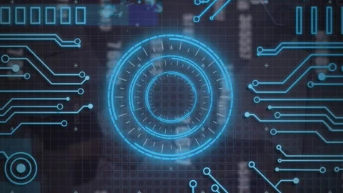 Animation of round scanners, microprocessor connections against changing numbers Vídeo Stock 312645835