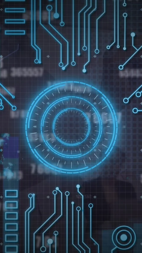 Animation of round scanners, microprocessor connections against changing numbers Stock Footage 321215914