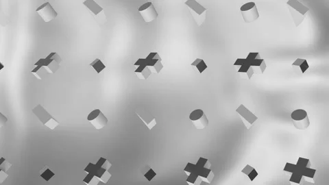 Animation of rows of 3d crosses, cylinders, cubes and triangles rotating over Stock Footage 260791130